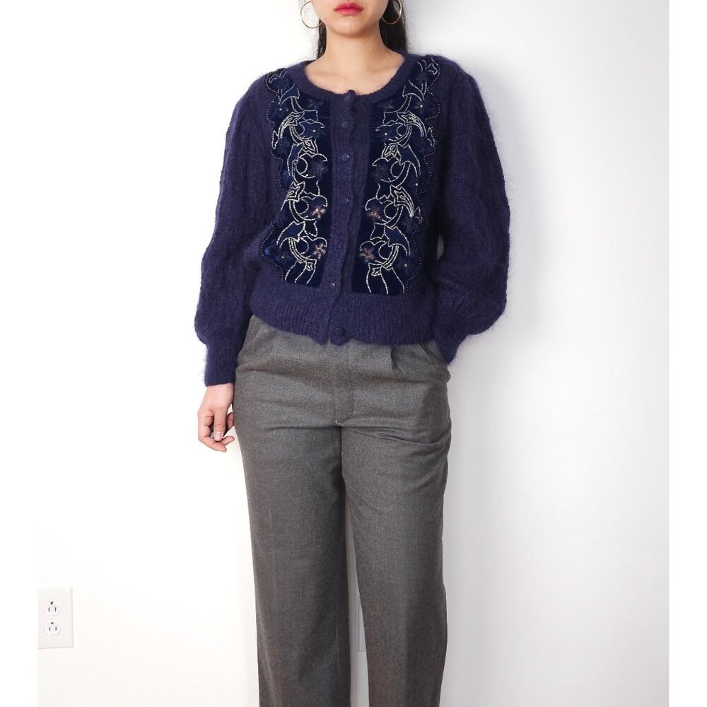 80s vintage fuzzy mohair wool beaded embroidery floral knit sweater cardigan